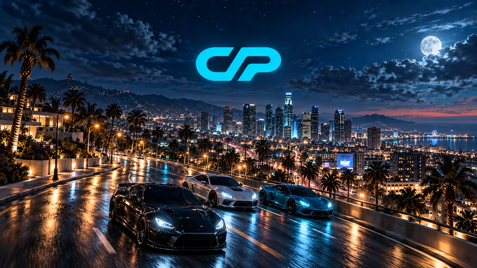 Trei mașini sport pe un bulevard nocturn Concept