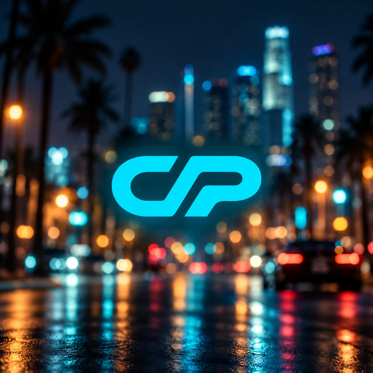 Logo Concept cyan pe un bulevard nocturn cu reflexii